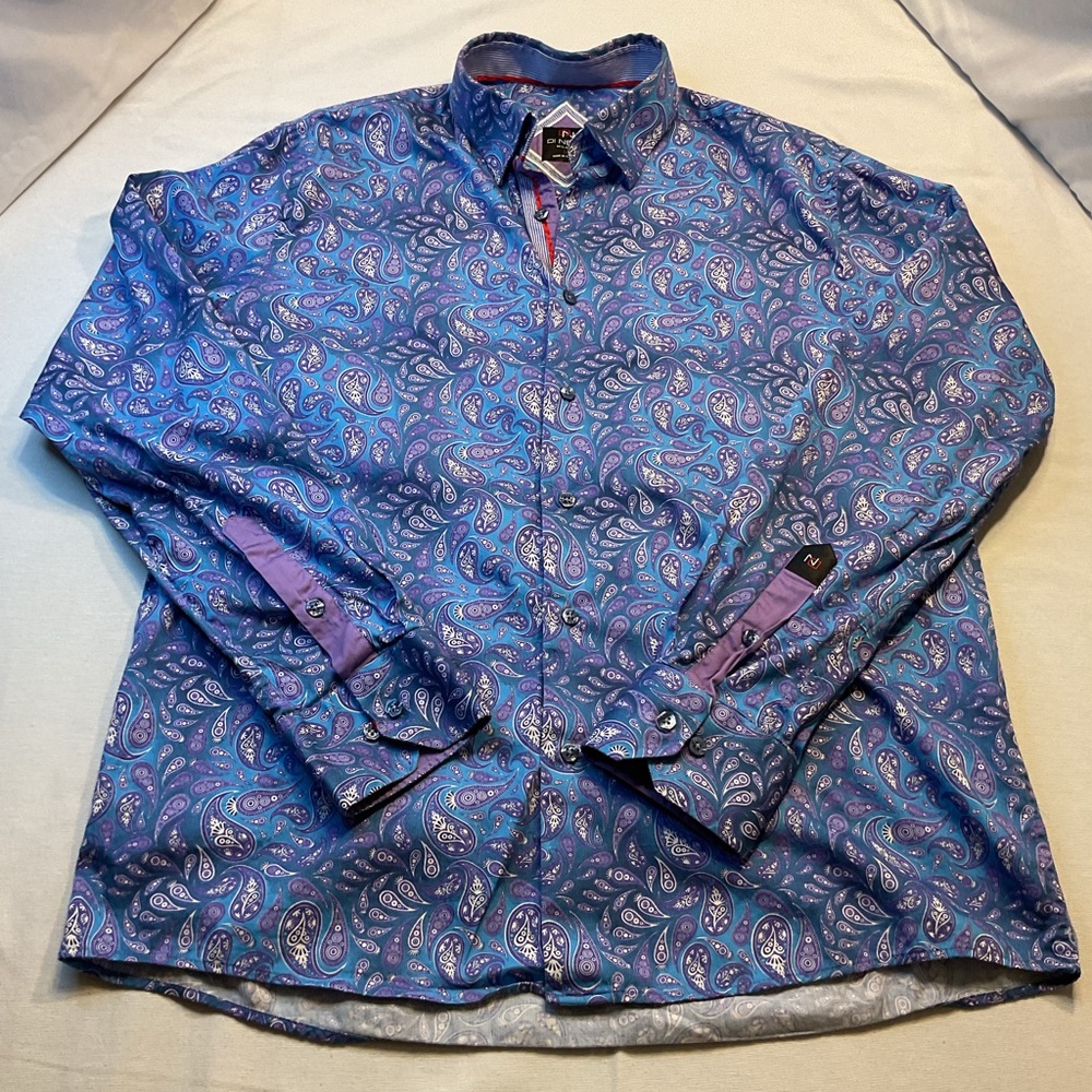 Di Nero Milano Men's Blue & Purple Paisley Long Sleeve Button-Up Shirt, Size L